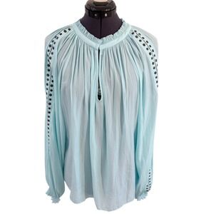 Ramy Brook Indira Blouse Light Blue Studded Lace Balloon Sleeve Top Womens Large